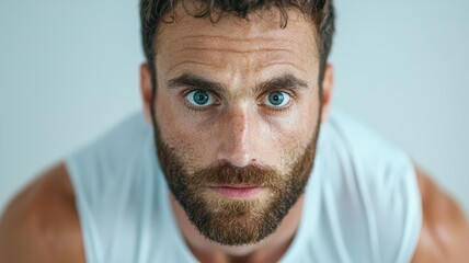 Man performing intense burpees in a minimalist gym, sweat flying, surrounded by a weekly workout plan on the wall, exercise routine, fatfighter intense fitness regimen concept