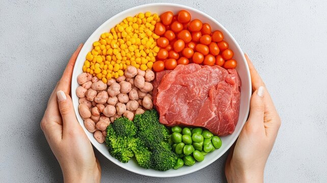 Healthy meal plate with portioned vegetables, proteins, and carbs, surrounded by a weekly meal planner and nutrition labels, meal plan, fatfighter structured eating habits concept