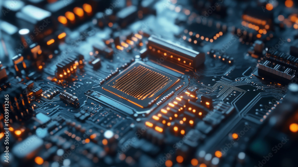 Aufkleber a close-up view of a glowing microchip on a circuit board highlighting intricate electronic connecti