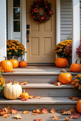 Autumn porch with pumpkins and colorful flowers, decorated for fall