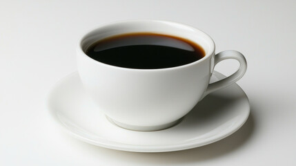Simple white coffee cup filled with rich black coffee on a clean saucer against a minimalist background in the morning light