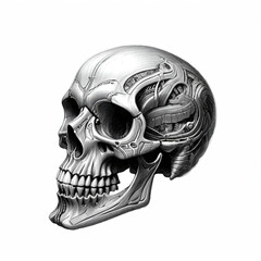Human head skull. Isolated on white background. Black and white drawing.