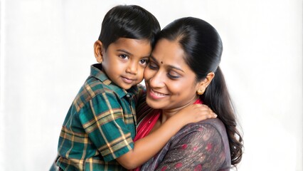 Fototapeta premium Indian Pretty Young Mother Embracing Her Little Boy (Son) Against a White Background
