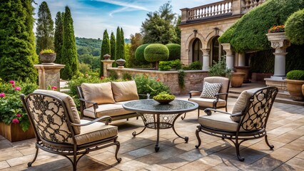 Obraz premium Transform your garden or patio into a luxurious retreat with sophisticated, castle-inspired outdoor furniture,