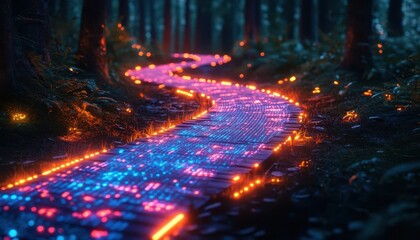 Forest hiking trail with glowing neon-lit paths and digital nature trackers  Futuristic  Neon  Eco-Friendly
