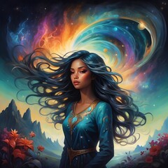 Gemälde Portrait in surrealen bunten Farben - Frau mit wehenden langen Haaren