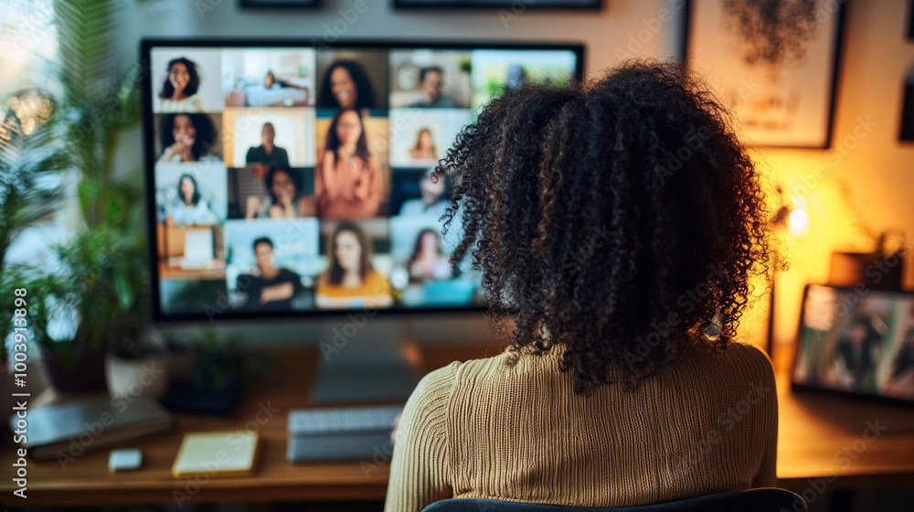 Poster leading a productive virtual meeting from a home office with multiple attendees displayed on a large