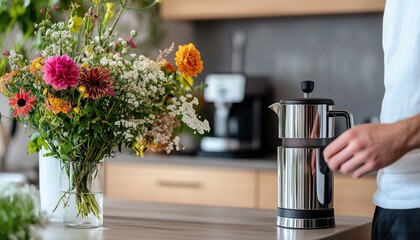 Morning Coffee with French Press and Vibrant Flower Bouquet