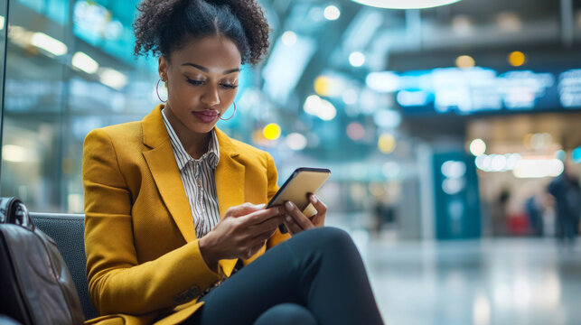 A woman reviews her flight itinerary on a smartphone while waiting at an airport terminal in the afternoon