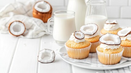 Coconut and almond muffins are beautifully stacked beside a glass of milk, showcasing their golden brown hue, perfect for a delicious breakfast or snack