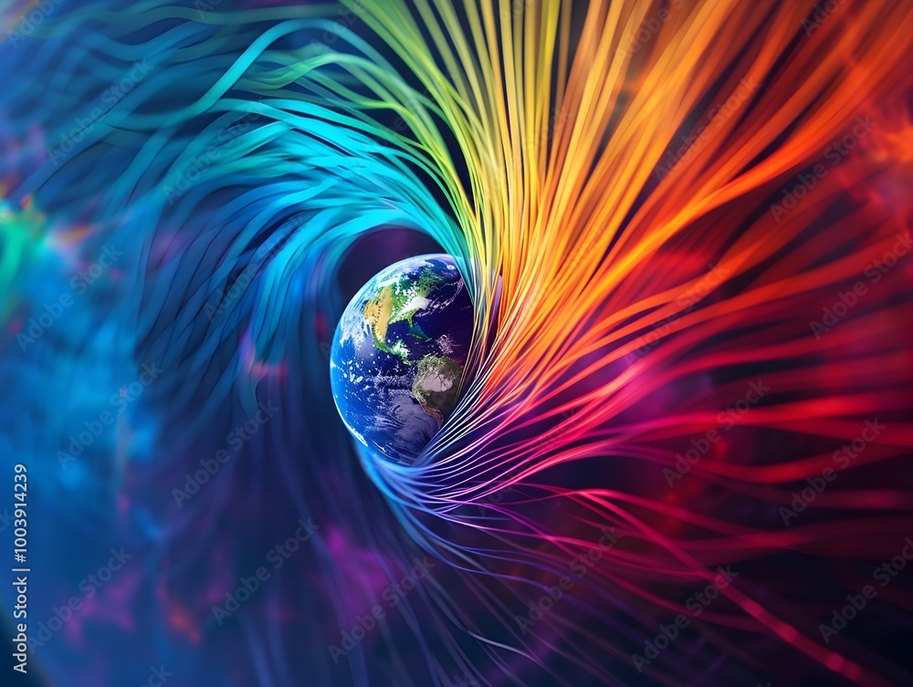 Poster a digital rendering of earth s magnetic field with colorful lines depicting the flow of powerful mag