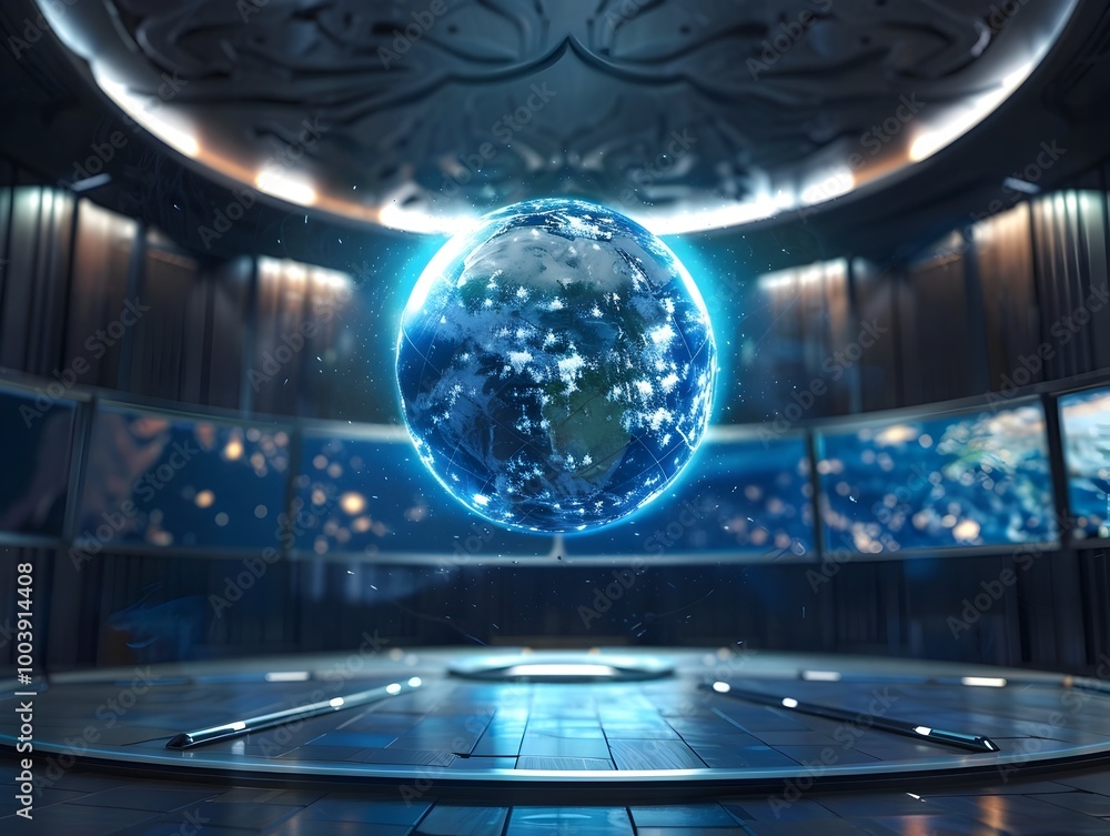 Poster futuristic holographic globe in high tech control room for global monitoring and decision making