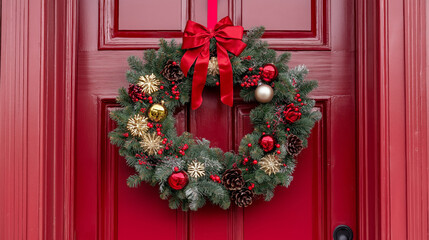 Naklejka premium A festive wreath adorned with ornaments and natural elements hangs on a bright red door during the holiday season