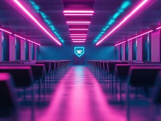 Graduation ceremony in a neon-lit hall with holographic diplomas and digital light shows  Futuristic  Neon  High Detail