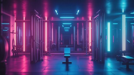 Gym equipment glowing with neon lights in a futuristic workout space  Futuristic  Neon  High Detail
