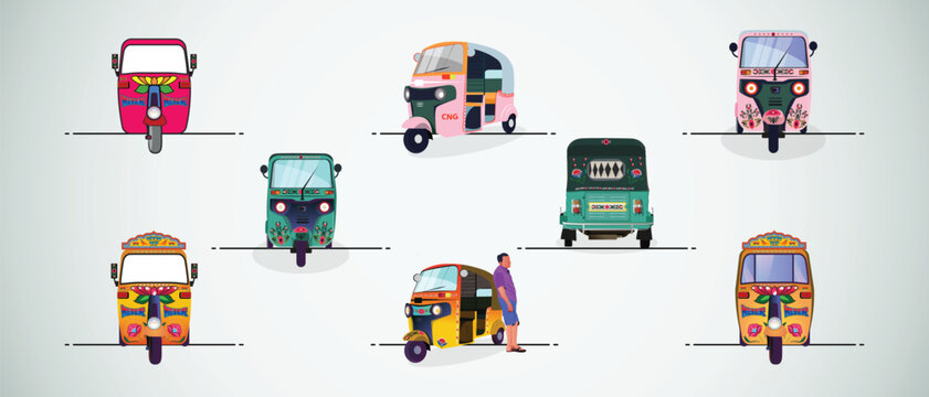 Set of three wheelers auto-rickshaw illustrations of India. with rickshaw paint on it. front view of tuk-tuk