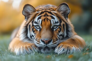 Obraz premium Portrait of a tiger lying on the grass. Close-up.