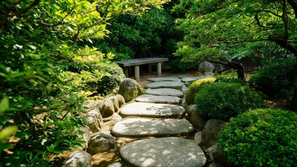 Stone Pathway to Secluded Bench in Japanese Garden