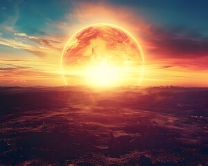 Dramatic Sunrise Over Alien Landscape with Vibrant Colors and Long Shadows