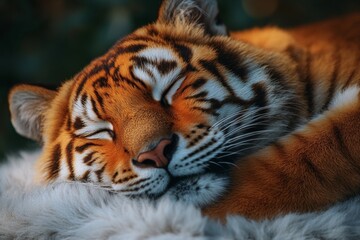 Siberian tiger sleeping on white fur, close-up.