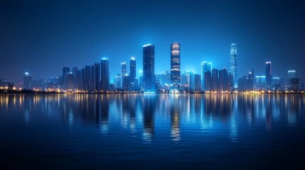 Fototapeta premium A city skyline is reflected in the water