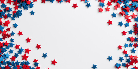 US colors red and blue stars confetti Frame. Blue and Red Stars National Confetti Frame. 4th of July, September National Holiday Texture. American Independence, Veterans Day, Memorial Day Border.
