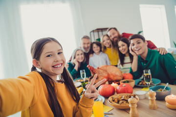 Photo of cheerful big full family meeting take selfie photo v-sign eating thanksgiving holiday dinner good mood having fun at home indoors