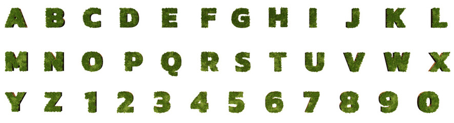 3D render of Green alphabet A-Z font letters and number isolated on transparent background. High resolution