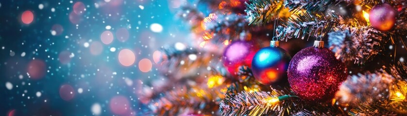 Obraz premium A beautifully adorned Christmas tree with vibrant ornaments and sparkling lights, set against a dreamy snowy background.