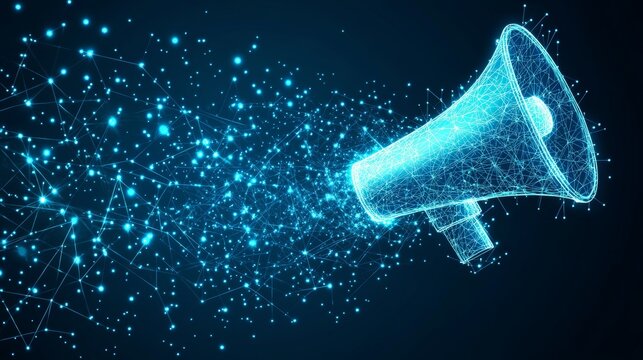 Abstract Digital Megaphone on Blue Technology Background, Announcing News or Making Public Statement