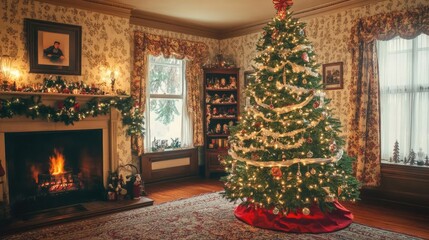 A cozy holiday living room featuring a beautifully decorated Christmas tree near a glowing fireplace, perfect for festive gatherings.