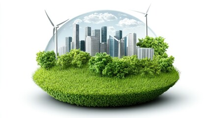 A detailed miniature model showcases an eco-friendly city, featuring abundant greenery and wind turbines, juxtaposed with modern urban skyscrapers in the background