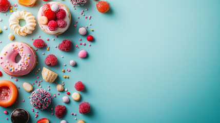 A colorful display of assorted sweet treats on a bright blue background inviting indulgence and celebration for all dessert lovers
