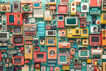 A vibrant display of vintage electronic devices showcases the historical development and impact of the internet of things, emphasizing their significance in modern connectivity and communication.
