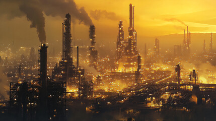  An oil refinery processing crude oil into various products. 