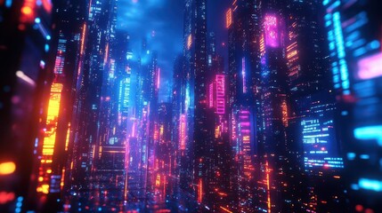 Fototapeta premium Holiday lights glowing in a futuristic city with neon-lit buildings and digital displays Futuristic Neon High Detail