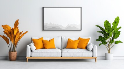 Serene Cozy Living Room with Soft Couch and Large Panoramic Frame in Warm Neutral Tones,3D rendering