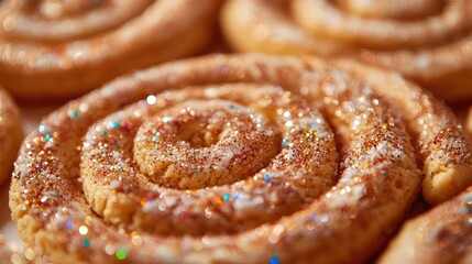 Fototapeta premium Close-up of sweet, sugary spiral pastries, showcasing their golden brown texture and sparkling sugar coating, perfect for dessert lovers.