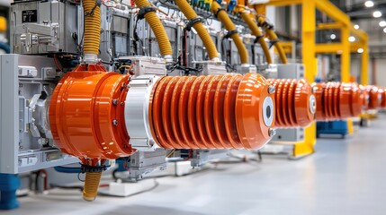 Electrical power transformer with high-voltage cables, space for copy text, high-end magazine photography, deep depth of field, Product photography with high resolution, studio lighting, advertising