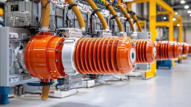 Electrical power transformer with high-voltage cables, space for copy text, high-end magazine photography, deep depth of field, Product photography with high resolution, studio lighting, advertising