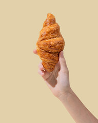 Hand hold fresh croissant on a yellow background.
