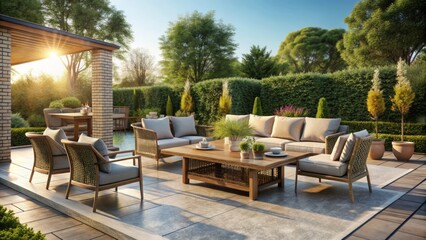 Fototapeta premium Transform your outdoor spaces with chic furniture designed for luxe patios and gardens, embracing sunlight and adding a