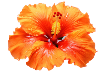 Fresh orange hibiscus flower with rich color and dewdrops, elegantly presented against a stark white background