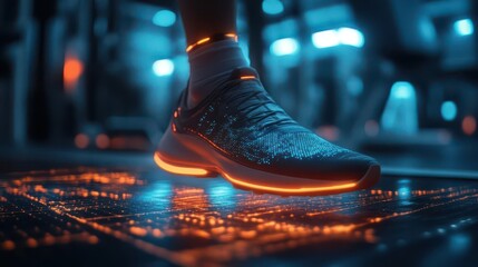 Home workout routine with glowing digital tools and smart fitness trackers  Futuristic  Hologram  Minimalist