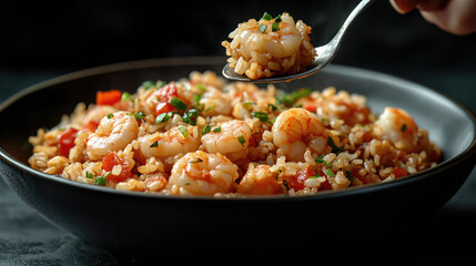 A person is eating shrimp and rice. The shrimp is in the bowl and the person is using a fork to eat it