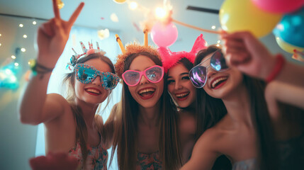 Friends taking fun selfies with colorful party props at a lively celebration in the evening