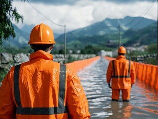 Two workers in orange safety gear navigating through a flooded area, emphasizing emergency response and teamwork.