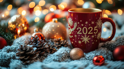 Happy New Year 2025. Green snake surrounded by red mug, Christmas ornaments, pinecones, and festive decorations, festive background bokeh.