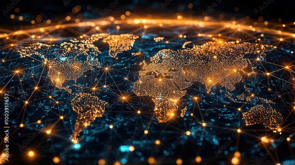Poster a stunning visualization of the world, illuminated by vibrant networks of lights representing connec