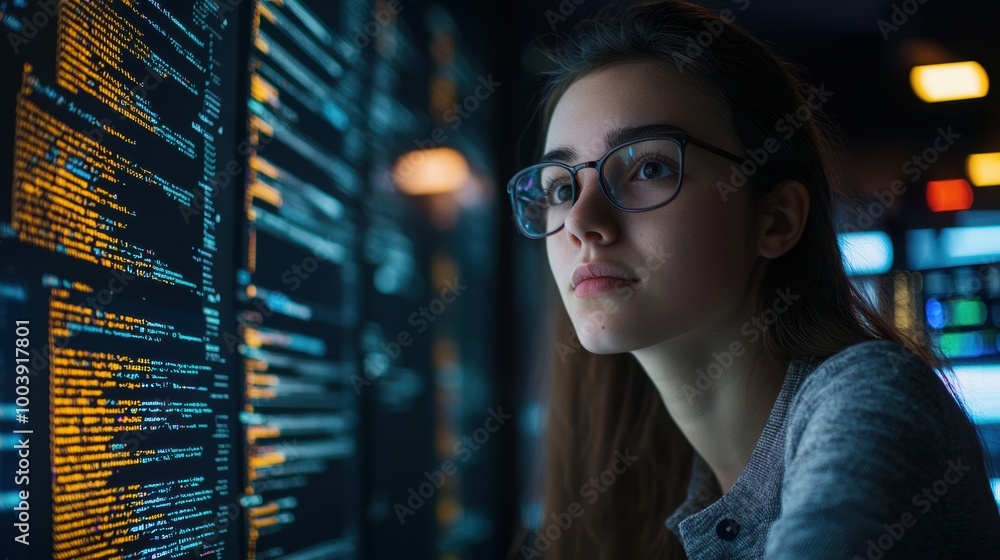 Poster focused female developer analyzing code on computer screen in dark office environment